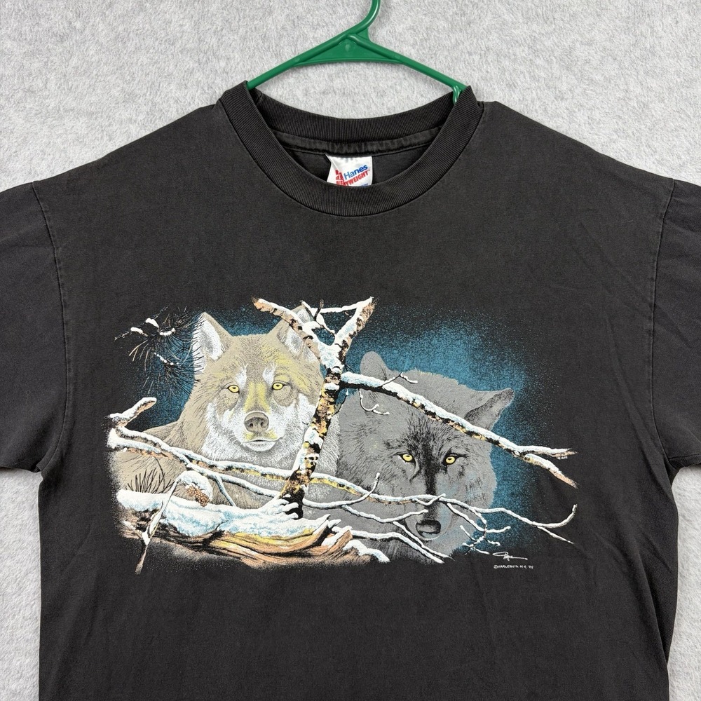 Vintage 90s Nature T Shirt Mens Large Black Wolf Art Wildlife Single Stitch USA
